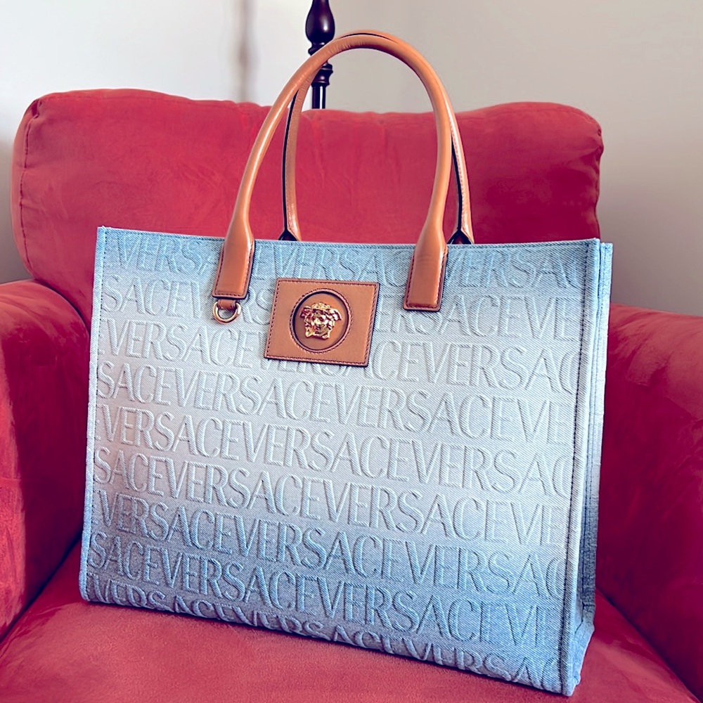 VERSACE ALLOVER LARGE DENIM TOTE BAG